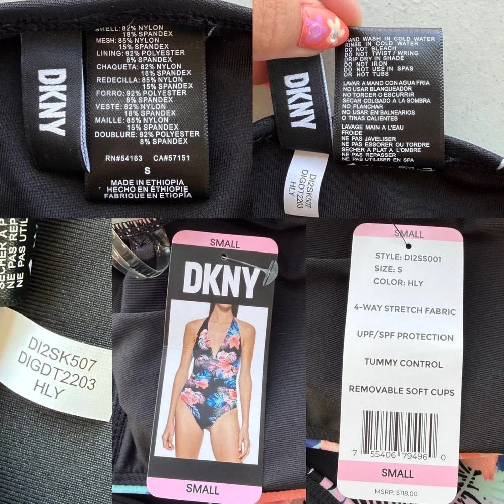 DKNY Women S Black Pink Blue Tropical Floral Halter One Piece Swimsuit Beach NWT - Picture 3 of 13